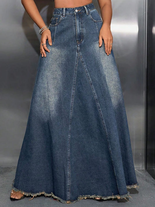 Raw Hem High Waist Denim Skirt with Pockets